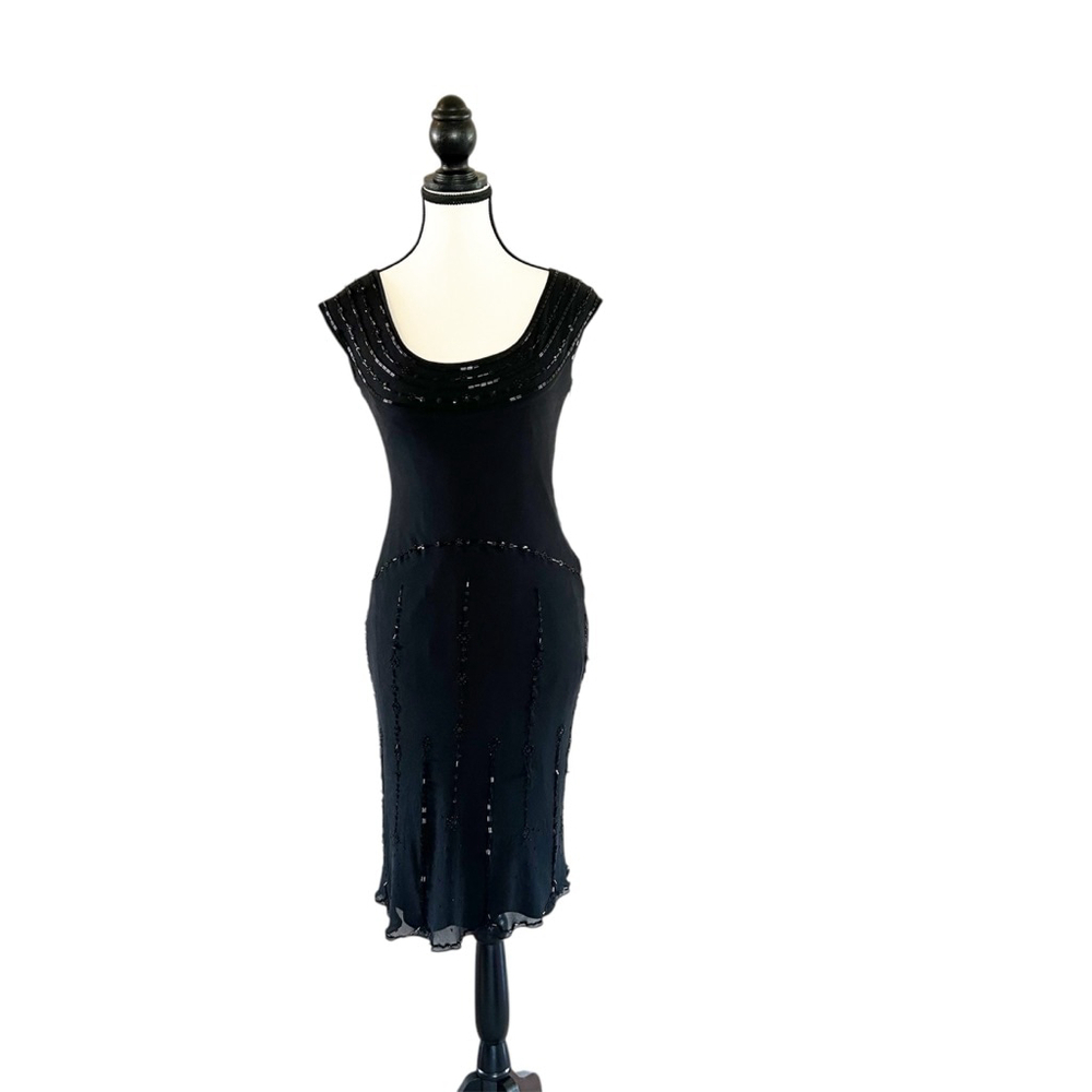 Jones New York Chiffon Sleeveless Dress Little Black Dress Flowy Beaded